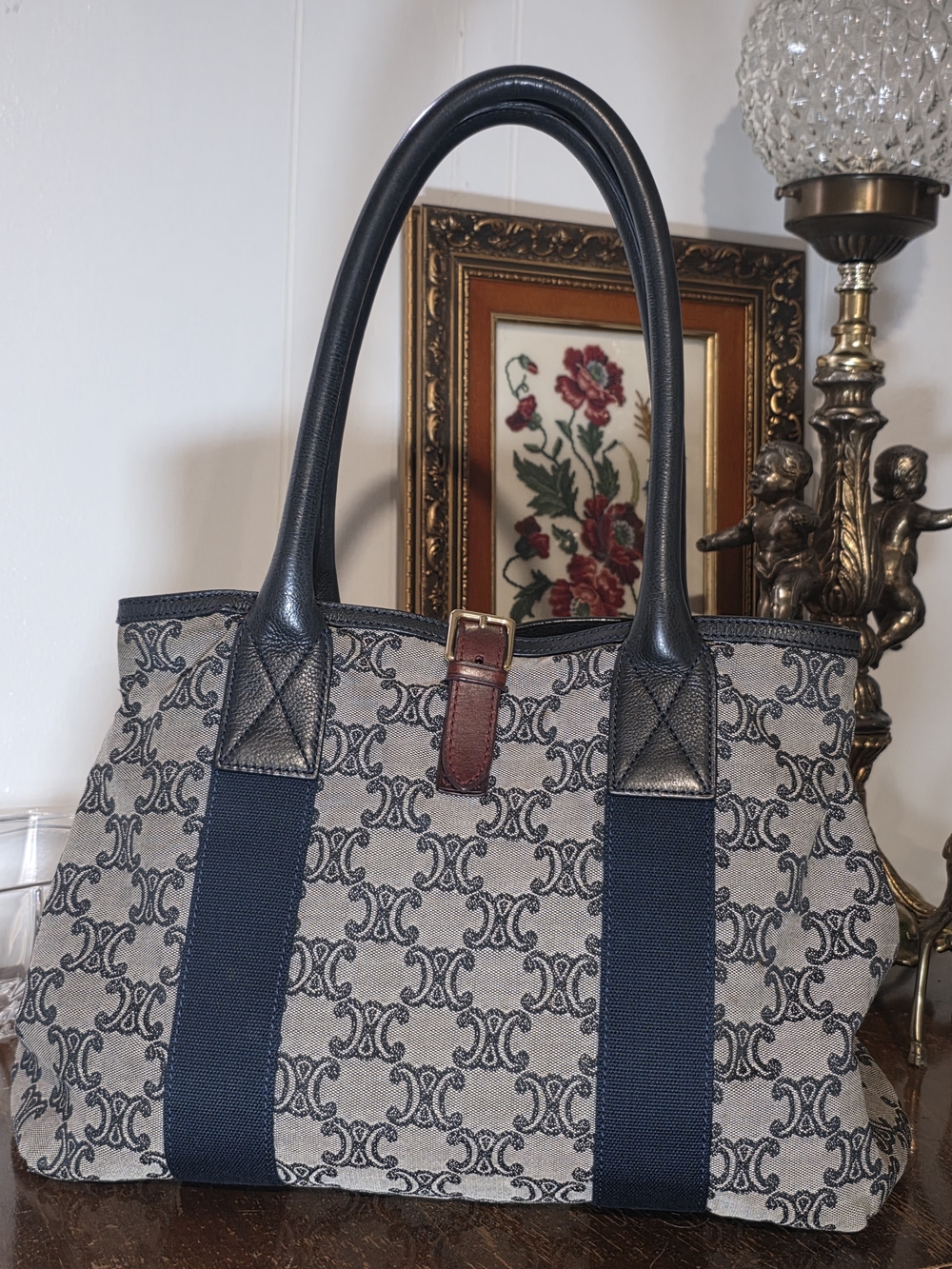 Vintage Navy Celine Macadam canvas tote, iconic 'C' Macadam & Triomphe Pattern